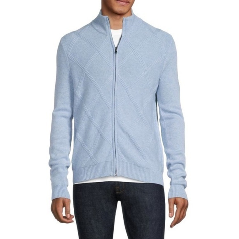 Malo Textured Wool Cashmere Blue Zip Long Sleeve Cardigan L